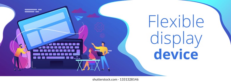 Tiny business people work at detachable computer. Detachable device technology, detachable computer, modular electronics development concept. Header or footer banner template with copy space.