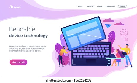 Tiny business people work at detachable computer. Detachable device technology, detachable computer, modular electronics development concept. Website vibrant violet landing web page template.