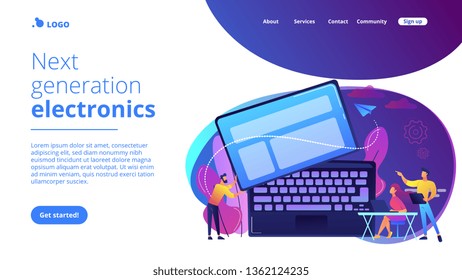 Tiny business people work at detachable computer. Detachable device technology, detachable computer, modular electronics development concept. Website vibrant violet landing web page template.