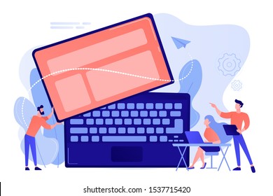 Tiny business people work at detachable computer. Detachable device technology, detachable computer, modular electronics development concept. Pinkish coral bluevector isolated illustration