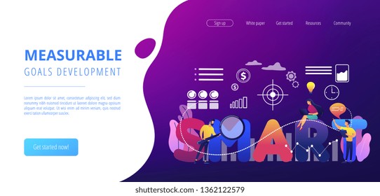 Tiny business people working on goals and sitting on smart word. SMART Objectives, objective establishment, measurable goals development concept. Website vibrant violet landing web page template.