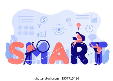 Tiny business people working on goals and sitting on smart word. SMART Objectives, objective establishment, measurable goals development concept. Pinkish coral bluevector isolated illustration