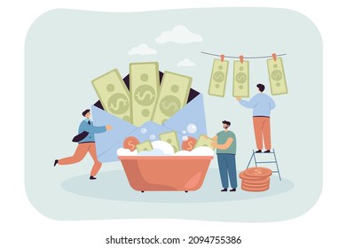 Tiny business persons doing money laundering for benefit. Criminal activity in government, bribe in envelope, fraud flat vector illustration. Corruption, finances concept for banner, landing web page