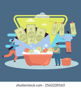 Tiny business persons doing money laundering for benefit. Criminal activity in government, bribe in envelope, fraud flat vector illustration. Corruption, finances concept for banner, landing web page