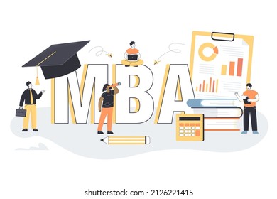 Tiny business school graduates with MBA symbol. Academic system, master of business administration, people learning about management flat vector illustration. Education concept for banner