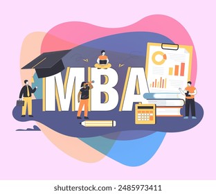 Tiny business school graduates with MBA symbol. Academic system, master of business administration, people learning about management flat vector illustration. Education concept for banner