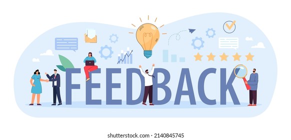 Pequeñas personas del equipo de negocios con comentarios de palabras. Gestión de relaciones con el cliente o CRM, personas votando y dejando reseñas, ilustración plana vectorial. Comentarios de los clientes, concepto de evaluación para banner