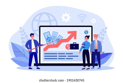 Tiny business tutor explaining about investment. Arrow, laptop, investor flat vector illustration. Finance growth and wealth concept for banner, website design or landing web page