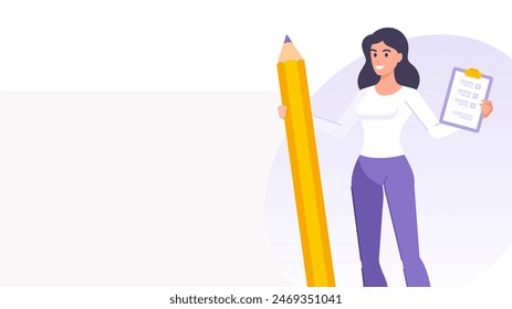 Tiny business woman to do list planning productivity time management banner design template vector flat illustration. Cartoon female character with pencil task planner checklist deadline efficiency