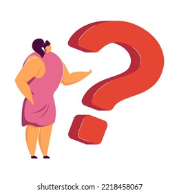 Pequeña mujer empresaria buscando solución en un gran interrogante, pidiendo ayuda. Ilustración de vectores para el servicio de asistencia al cliente, comunicación, concepto de resolución de problemas