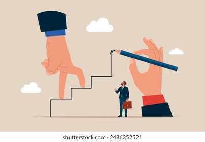 Tiny businessman and big human hand pencil drawing stairs. Human hand walking up stairs to their goal. Move up motivation, the path to the target's achievement. Flat vector illustration.
