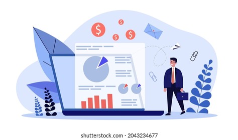 Tiny businessman with briefcase next to marketing analytics. Man looking at business analysis flat vector illustration. Management, strategy concept for banner, website design or landing web page