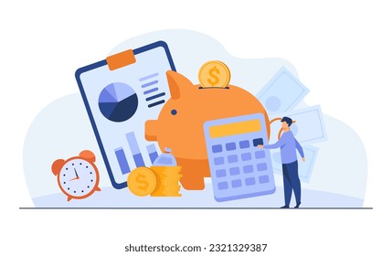 Tiny businessman calculating budget vector illustration. Money, coins, calculator, piggy bank, finance analysis for business. Financial analytics and management, stock trading concept