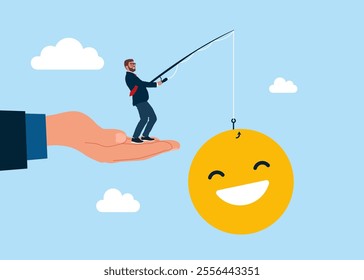 Tiny businessman catching smiley face on fishing rod. Happiness and positive thinking, optimism or motivation to live happy life concept. Flat vector illustration.