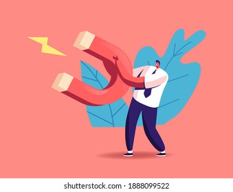 Tiny Businessman Character Holding Huge Magnet in Hands Attracting New Customers, Money and Ideas. Inbound Business Marketing Technologies, Lead Generation Concept. Cartoon People Vector Illustration