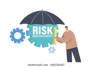 Tiny Businessman Character Holding Ruler Stand under Umbrella with Cogwheels. Minimize Risks, Management and Analysis of Finance Investment, Planning or Assessment. Cartoon People Vector Illustration