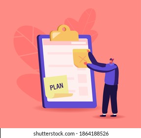 Tiny Businessman Character Put Sticky Notes on Huge Clipboard or Textbook. Searching Solution, Planning Deals or Thinking New Ideas. Task Questionnaire List Result, Plan. Cartoon Vector Illustration