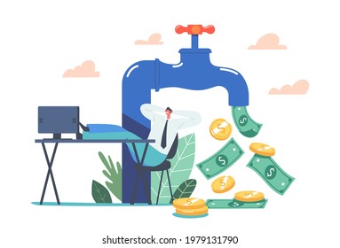 Tiny Businessman Character Sitting with Legs on Office Desk near Huge Tap with Money Flow. Return on Investment, Passive Income, Online Job and Earning in Internet. Cartoon People Vector Illustration