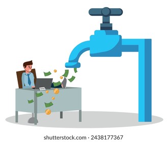 Tiny Businessman Character Sitting with Legs on Office Desk near Huge Tap with Money Flow. Return on Investment, Passive Income, Online Job and Earning in Internet. Cartoon People Vector Illustration