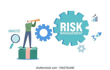 Tiny Businessman Character Stand on Huge Pile of Money Bills Looking on Cogwheel with Risk Management Inscription and Business Icons around Magnifier, Chart and Rocket. Cartoon Vector Illustration