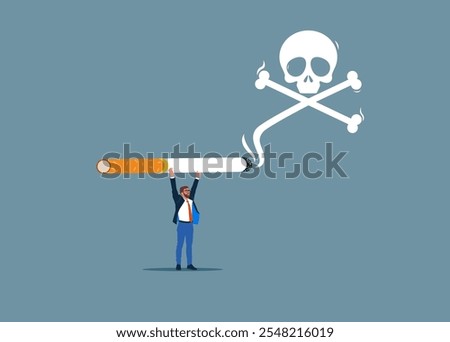 Tiny businessman with cigarette with smoke forming skull and crossbones. Smoking kills. Flat vector illustration