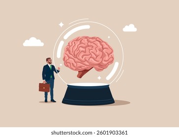 Tiny businessman with crystal magic ball with a human brain. Brainstorming. Idea, Financial and investment growth. Vector illustration