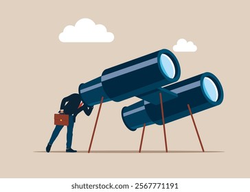 Tiny businessman with grand binoculars to see new vacancy, for work position. Searching for candidate. Opportunity. Flat vector illustration