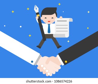 Tiny businessman jumping on shake hands, holding pen and contract, successful deal flat design concept