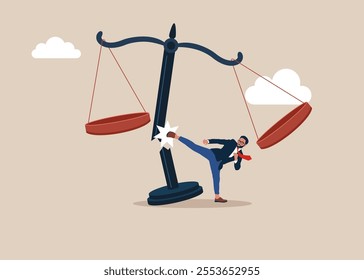 Tiny businessman karate fighting for changing legislation as a law scale for equality. Corruption and dishonesty.  Flat vector illustration