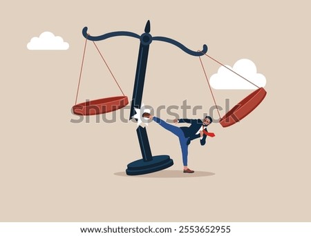 Tiny businessman karate fighting for changing legislation as a law scale for equality. Corruption and dishonesty.  Flat vector illustration