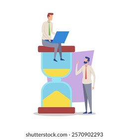 Tiny businessman with laptop sitting on huge hourglass vector illustration. Boss remind employee about deadline. Business, work, time management concept