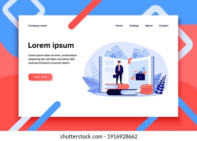 Kleiner Geschäftsmann, der einen Finanzkurs lernt. Geld, Wachstum, Buch flache Vektorgrafik. Bildungs- und Investitionskonzept für Banner, Website-Design oder Landing-Website