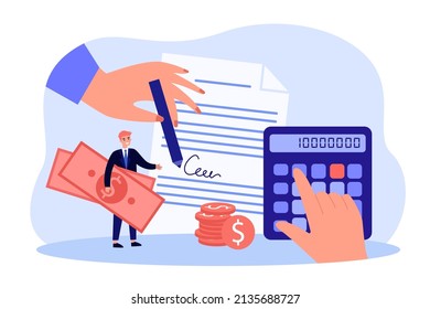 Pequeño empresario recibiendo dinero para el trato. Contrato de firma manual, contando el pago en la calculadora de la ilustración plana vectorial. Concepto de acuerdo financiero para banner, diseño de sitio web o página web de aterrizaje