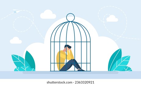 The tiny businessman is sitting in a birdcage. Lockdown. Sad man locked in a cage. A businessman needs psychological help. Man in depression and despair, domestic violence. Vector illustration.