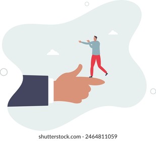 tiny businessman standing on giant hand pointing in opposite direction.flat vector illustration.