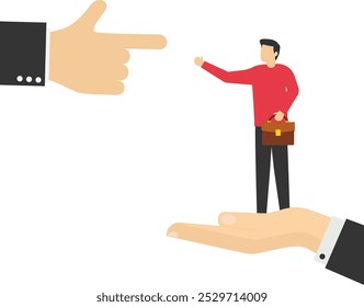 Tiny businessman standing on giant hand pointing in opposite direction. Employee conflict direction, argument between coworker, different thought, disagreement or opposite way, decision issue concept.