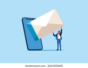 Tiny businessman  takes out an envelope with a notification of an unread message from an smartphone. Email security protection, safety system to defend cyber attack, spam. Flat vector illustration