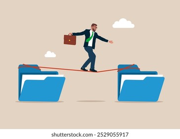 Tiny businessman walks from one files folder to another along a tight rope. Arrange online data, paperwork concept, file management, organize document files into archive folders. 