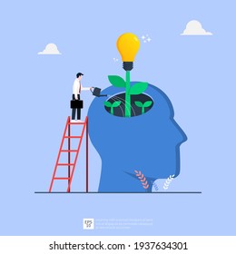 Tiny businessman watering idea light bulb from big human head illustration. Business idea concept 