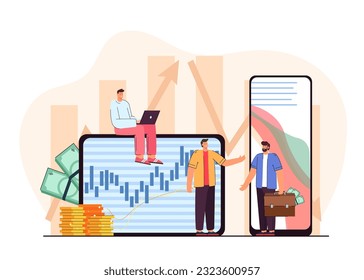Pequeños hombres de negocios con efectivo y carta de candelabros en la tableta. Comercio, intercambio de dinero, hombre con laptop que gestiona ilustración vectorial de presupuesto. Mercado bursátil, comercio, finanzas, negocios, concepto de inversión