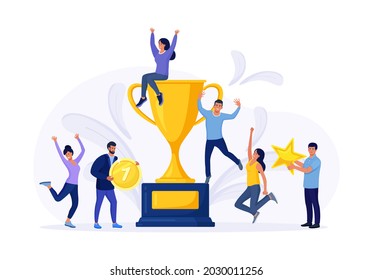 Tiny businessmen celebrate victory around big golden trophy. Group of people winning champion cup. Celebration of goal achievement, successful teamwork. Best team ever. Vector illustration