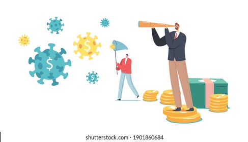 Tiny Businessmen Characters Catch Huge Covid Cells in Net, Look in Spyglass Stand on Coins Pile. New Opportunities after Coronavirus Pandemic, Successful Projects. Cartoon People Vector Illustration