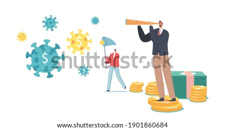 Tiny Businessmen Characters Catch Huge Covid Cells in Net, Look in Spyglass Stand on Coins Pile. New Opportunities after Coronavirus Pandemic, Successful Projects. Cartoon People Vector Illustration