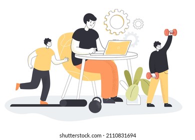 Pequeños hombres de negocios haciendo ejercicio con un trabajador de oficina en segundo plano. Empresarios que realizan ejercicios o deportes en el trabajo ilustraciones vectoriales planas. Concepto de estilo de vida saludable para la página web de banner o de inicio
