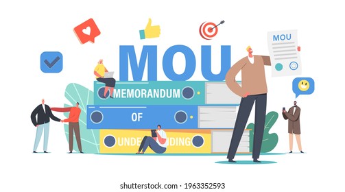 Tiny Businesspeople Characters around Huge Pile of Memorandum of Understanding Document That Describe Broad Outlines of Agreement That Two or More Parties Reached. Cartoon People Vector Illustration