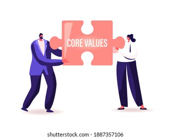 Tiny Businesspeople Characters Holding Huge Puzzle Piece with Core Values Inscription. Basic Social and Business Principles, Team Work Cooperation, Collaboration. Cartoon People Vector Illustration
