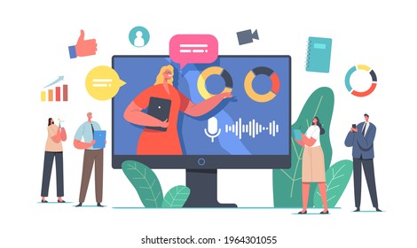 Tiny Businesspeople Characters Online Board Meeting with Virtual Office Speaker on Huge Pc Monitor. Financial Seminar, Employees Discussing Company Strategy. Cartoon People Vector Illustration