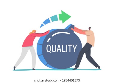 Tiny Businesspeople Characters Pull Huge Switch to Increase Level Quality and Customers Feedback Rate Evaluation. Work Efficiency Management Solution for Success. Cartoon People Vector Illustration