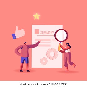 Tiny Businesspeople Characters Reading Summary. Woman with Magnifying Glass Stand at Huge Portfolio Document. Office Worker Every Day Routine, Business Attributes. Cartoon People Vector Illustration