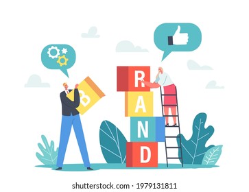 Tiny Businesspeople Characters Work Together Build Tower of Colored Cubes. Marketing and Promotional Campaign, Brand Awareness Building, Company Development Concept. Cartoon People Vector Illustration